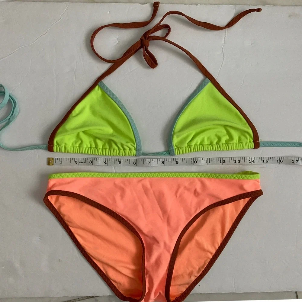 Aerie Colorblock Bikini Set Neon Lime Green XS Triangle Top Coral Pink S Bottoms